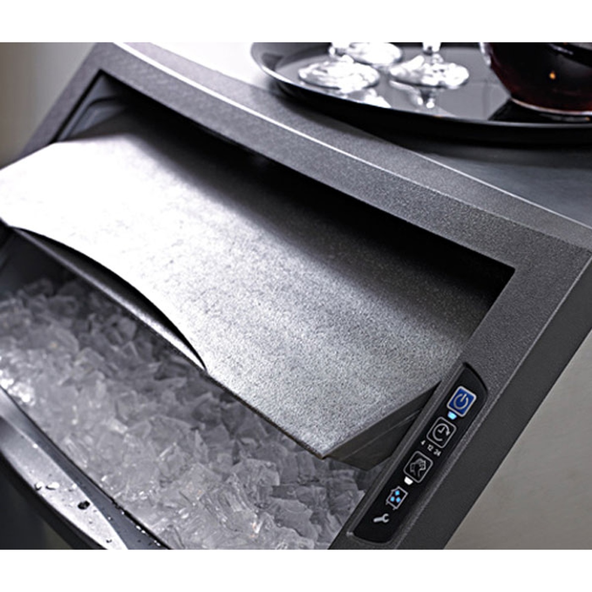 Close up of the NEO ice machine control panel and sliding bin door
