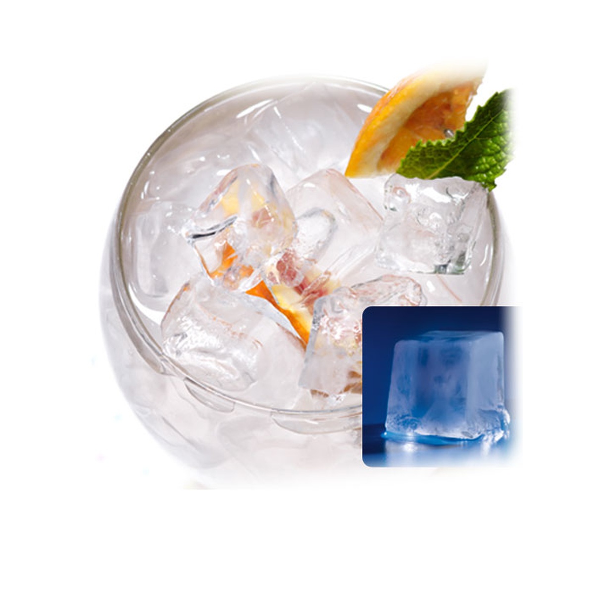 Clear dice ice cubes in a glass with a garnish