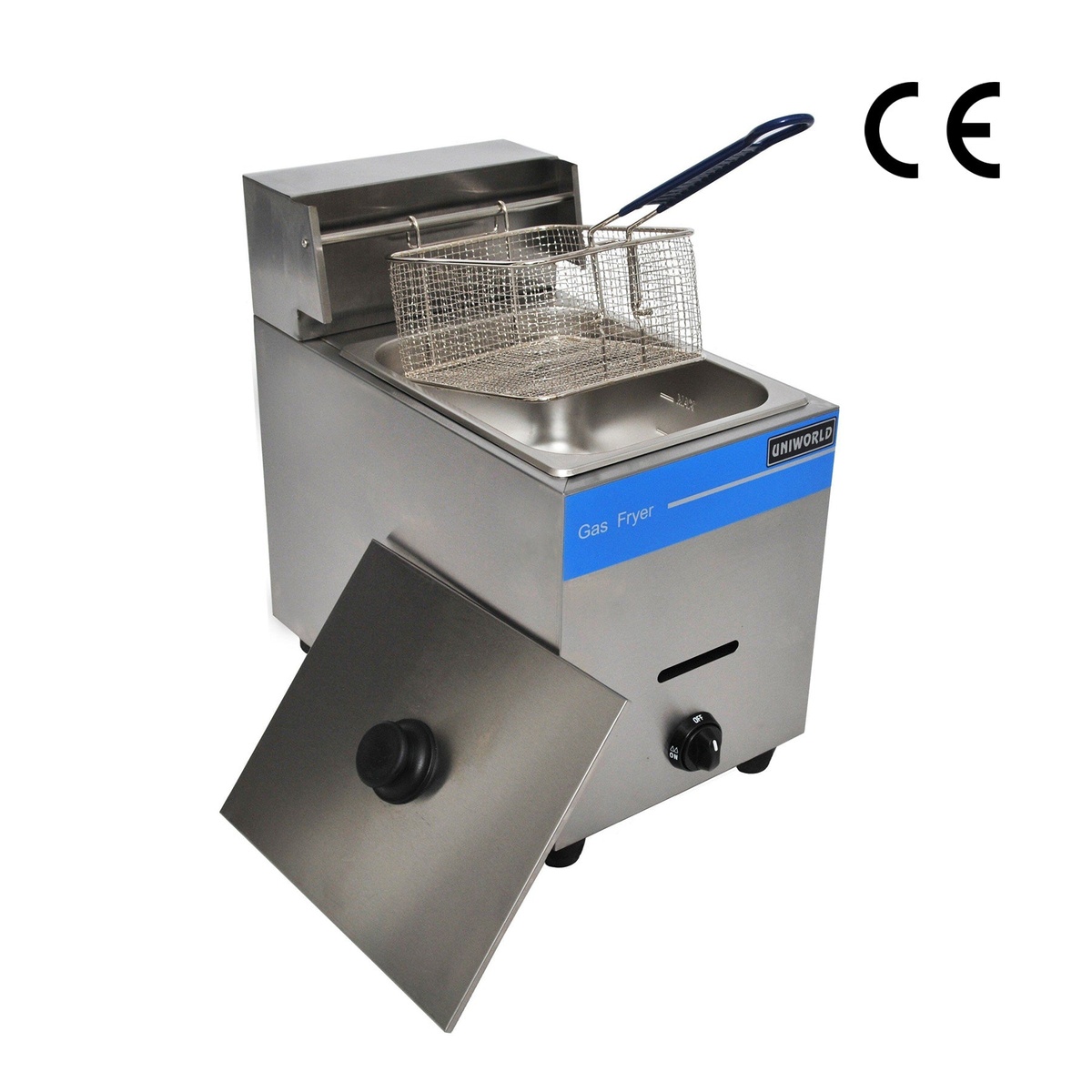 Uniworld UGF-71H countertop propane gas fryer with stainless steel mesh basket raised and night cover leaning against the front