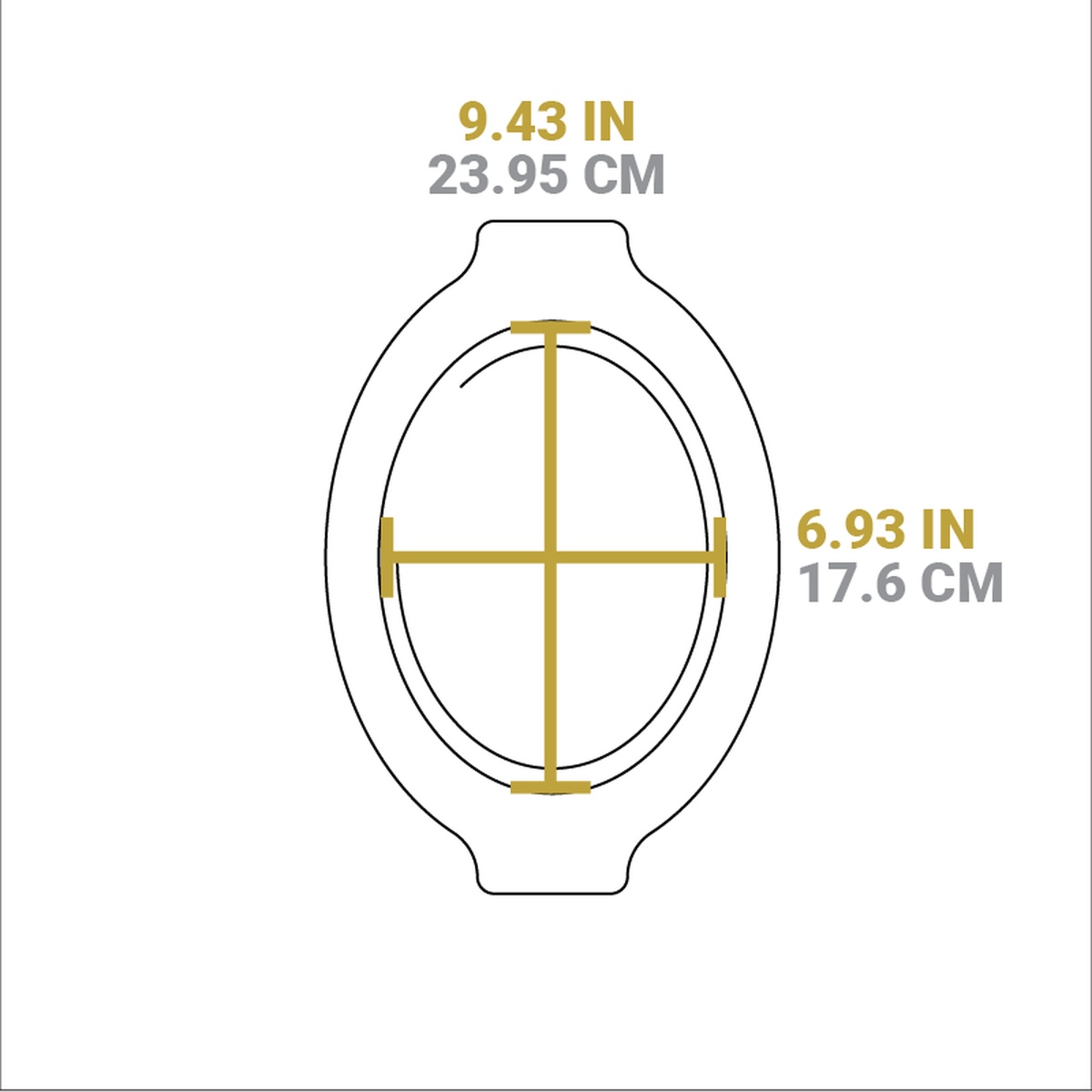 Top-view dimension diagram showing 9.43 in x 6.93 in interior cooking cavity of the oval wood underliner