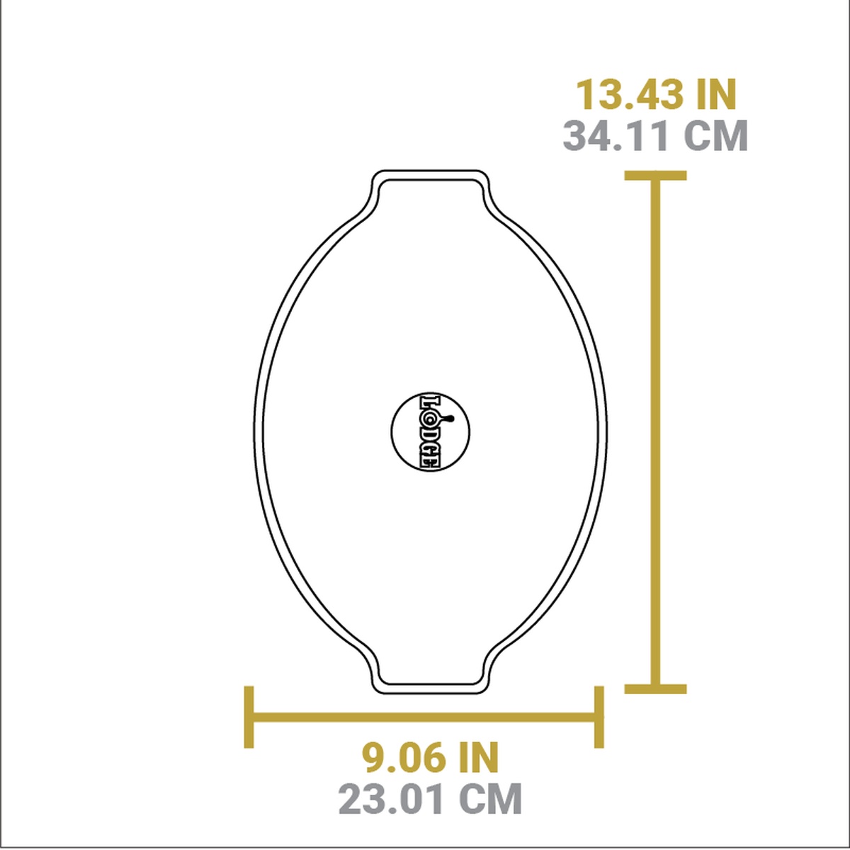 Side-view dimension diagram showing overall dimensions of 13.43 in length by 9.06 in width for the oval wood underliner