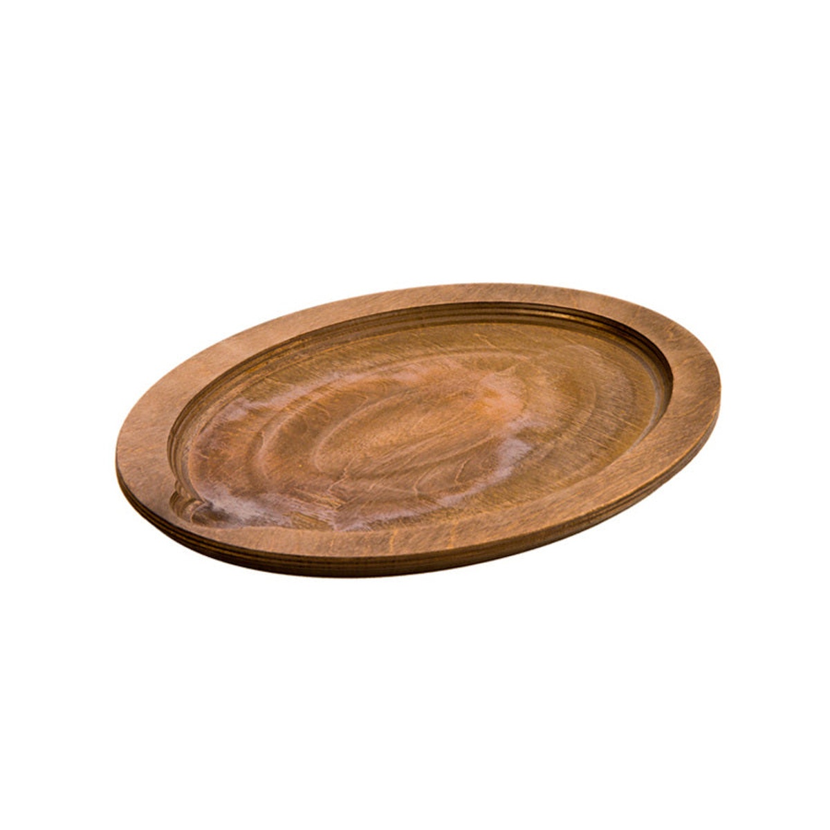 Lodge 13.25-inch jumbo oval walnut wood underliner, top-angle view showing rich walnut stain and raised rim