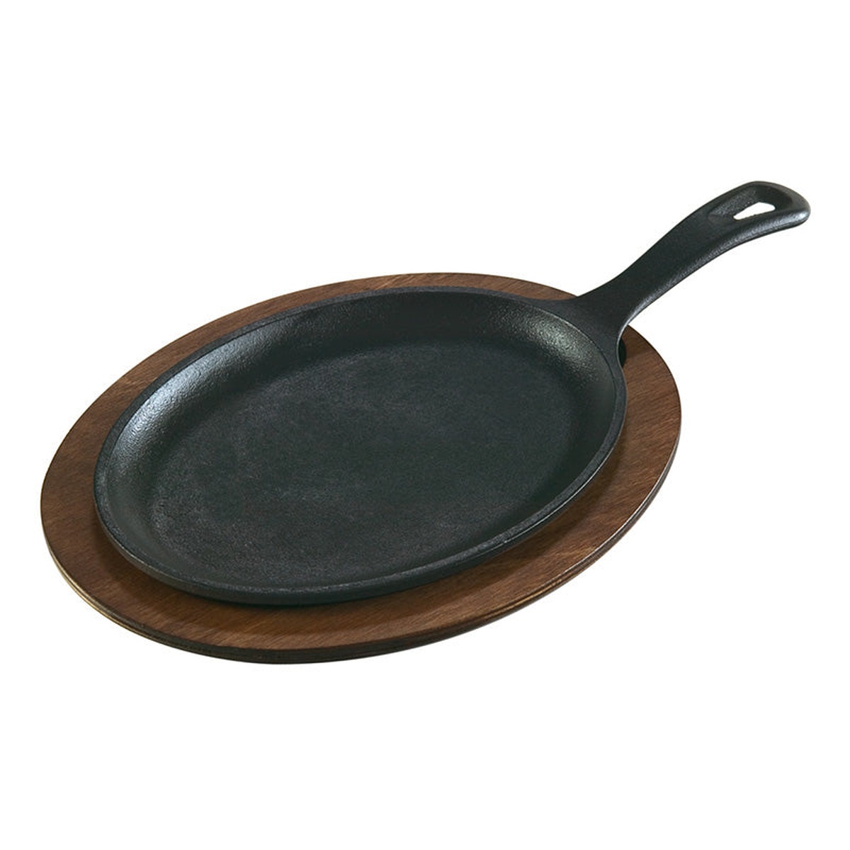 Lodge oval wood underliner shown with a handled cast iron oval fajita skillet seated on top