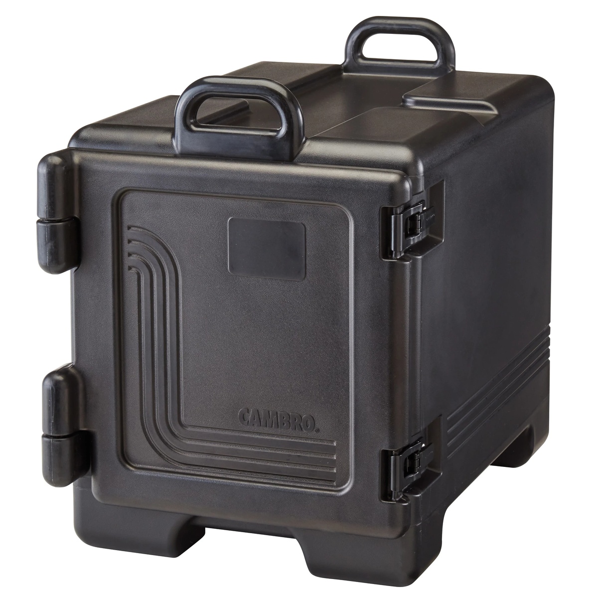 Closed black Cambro Ultra Pan Carrier UPC300110 insulated food pan carrier with molded handles and latches