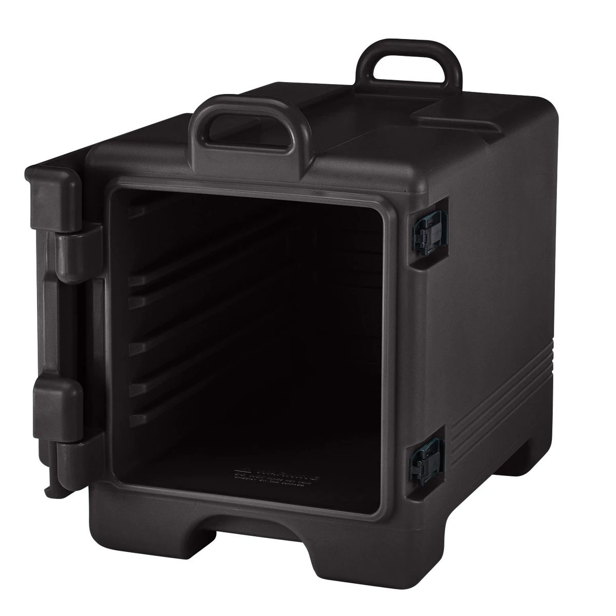 Open black Cambro Ultra Pan Carrier UPC300110 showing interior rails for food pans