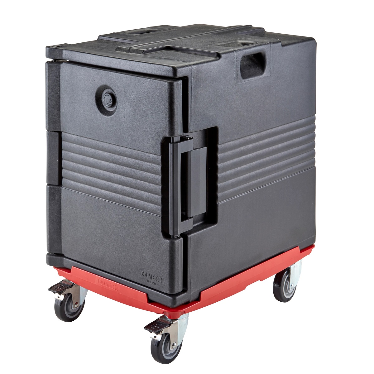 Cambro UPC400110 Ultra Pan Carrier closed and mounted on a wheeled red transport dolly