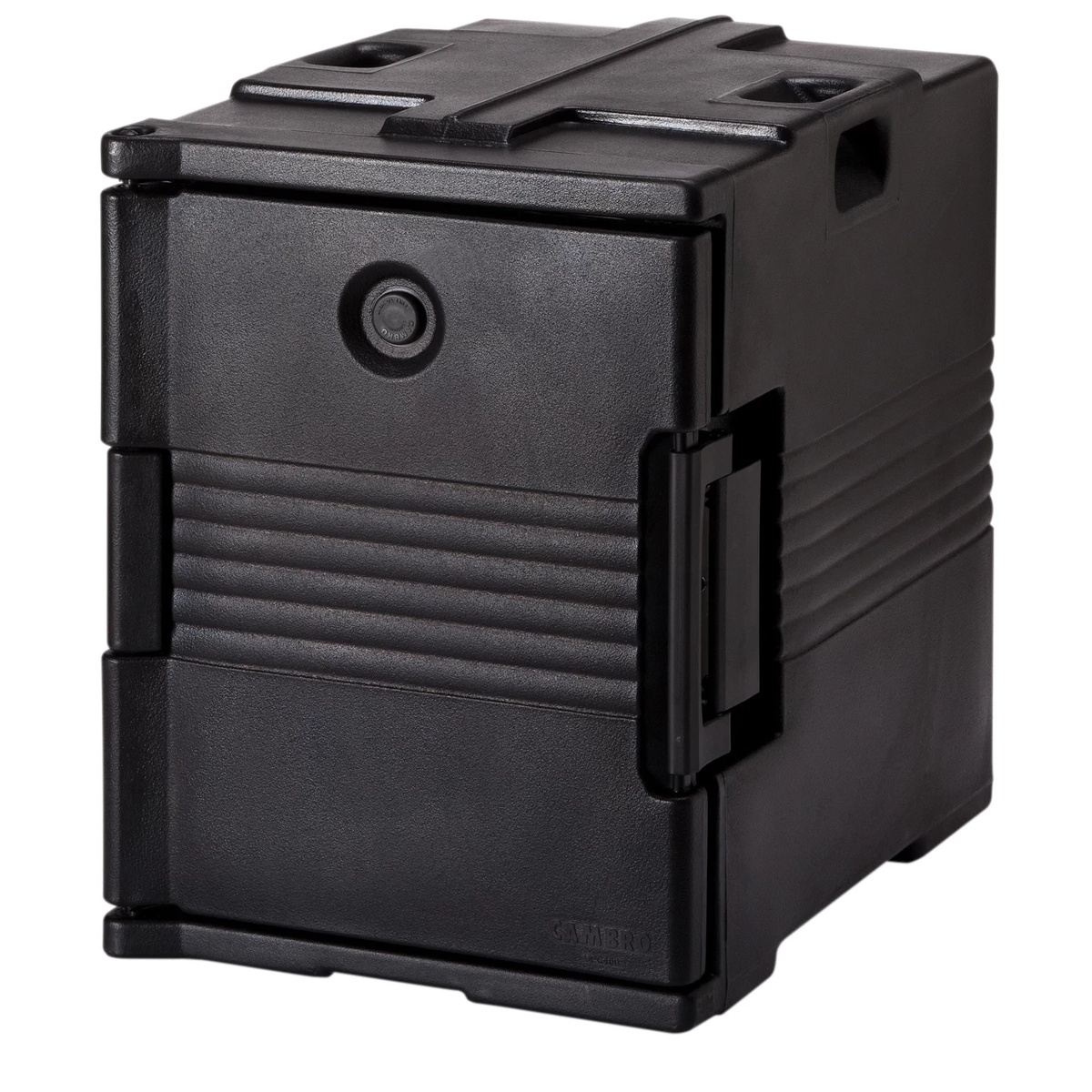 Cambro UPC400110 Ultra Pan Carrier closed in black with nylon latch and molded handles visible