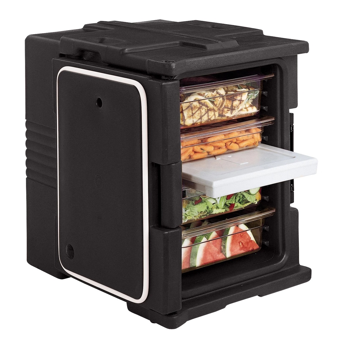 Cambro UPC400110 Ultra Pan Carrier open door showing multiple full-size food pans loaded inside