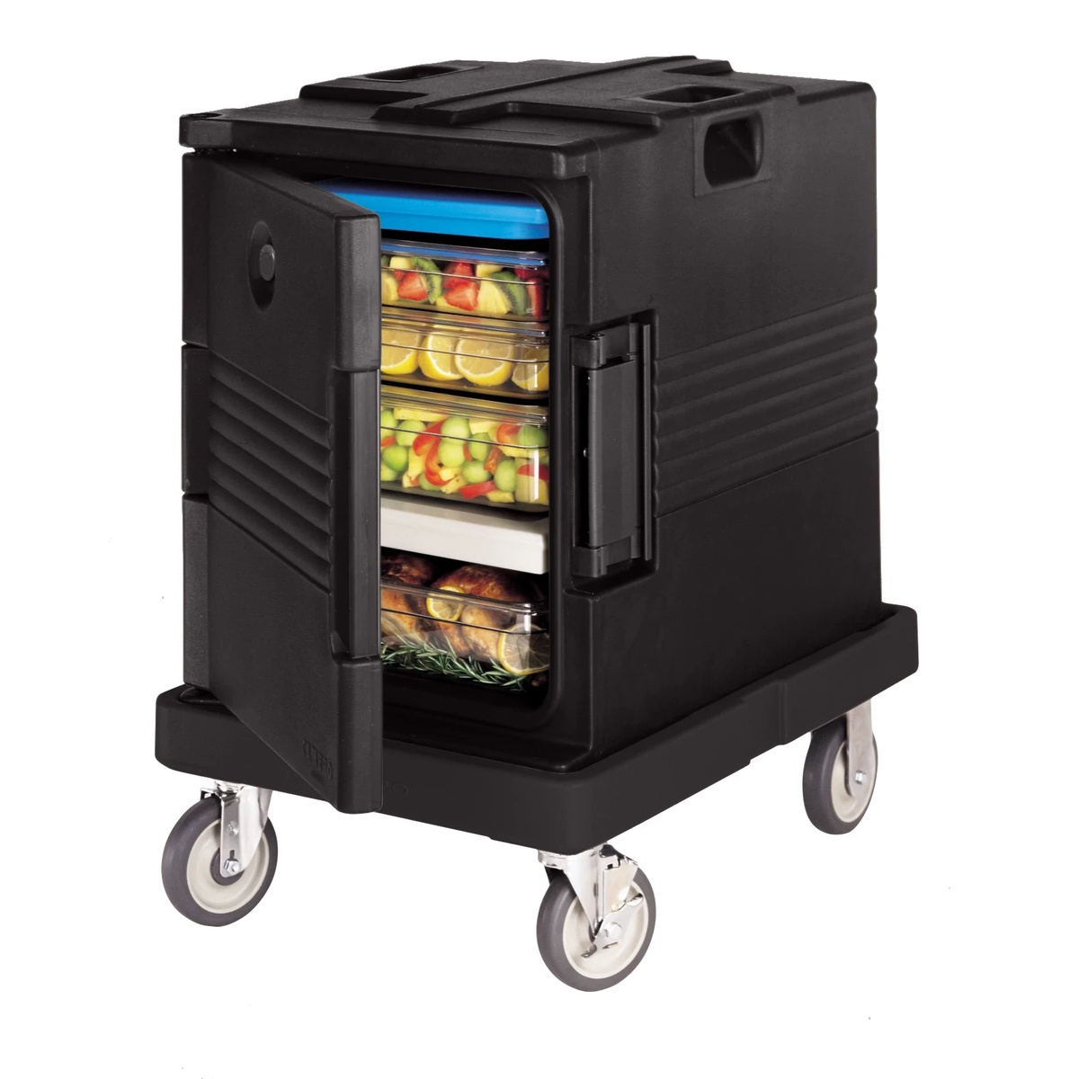 Cambro UPC400110 Ultra Pan Carrier open on wheeled dolly loaded with multiple food pans containing fresh produce and meats