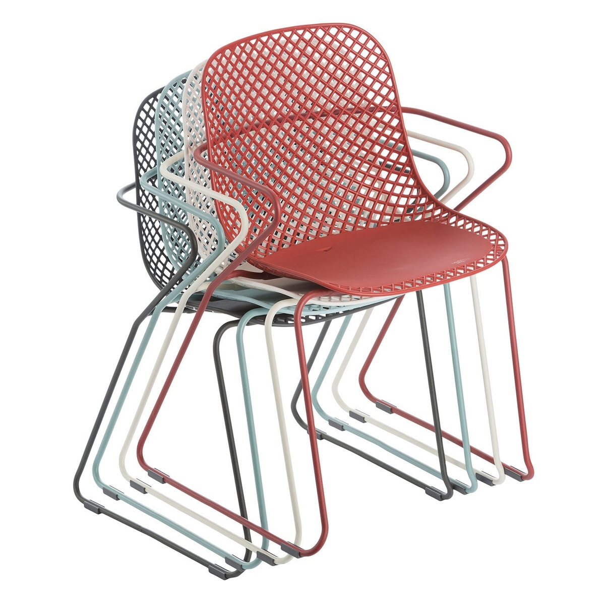 Multiple Grosfillex Ramatuelle 73 Armchairs stacked together in assorted colors including red, cream, blue, and gray