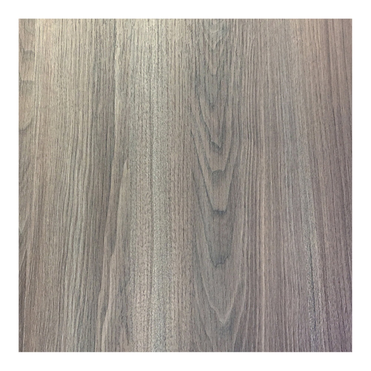 Close-up of the Grosfillex US32H722 32-inch square gray walnut HPL table top surface showing wood grain texture