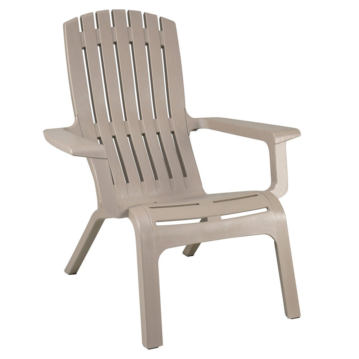Grosfillex Westport Taupe Resin Stackable Outdoor Adirondack Chair, angled view showing slatted back and wide armrests