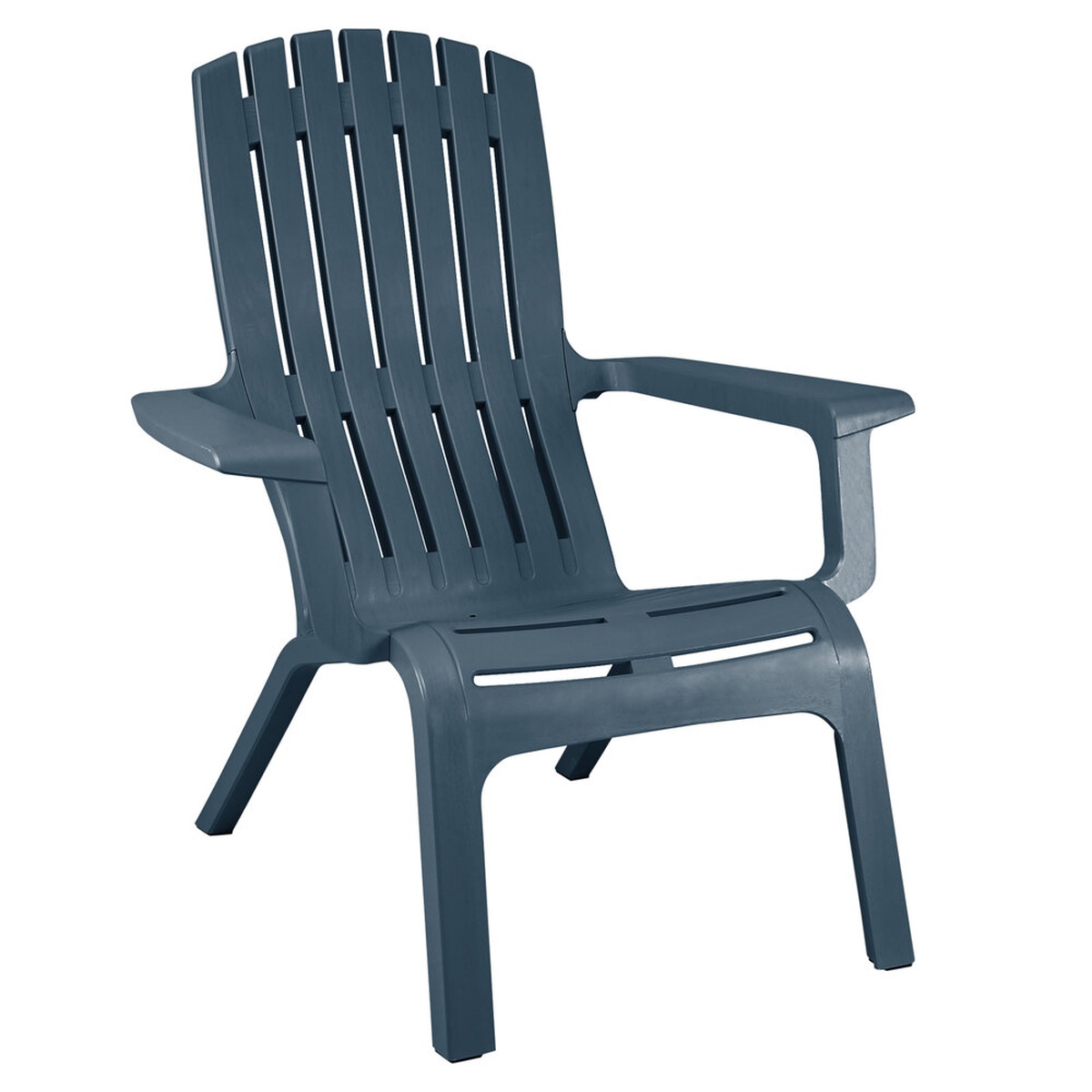 Grosfillex Westport barn blue resin Adirondack chair with slatted back and wide armrests