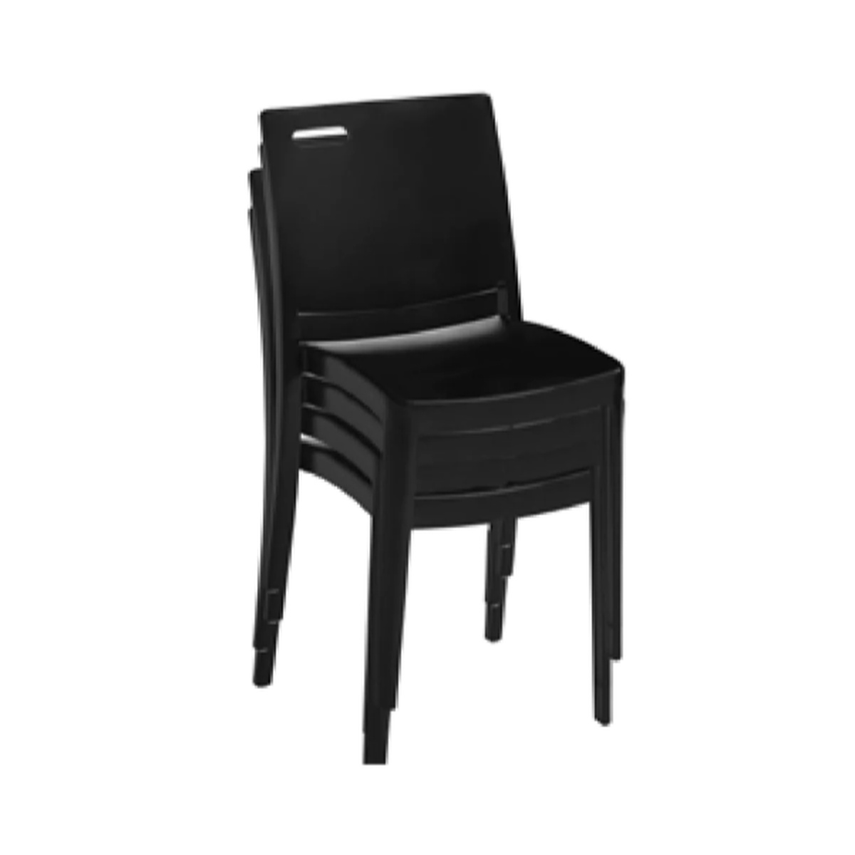 Multiple Grosfillex Metro black resin side chairs stacked together showing stacking capability