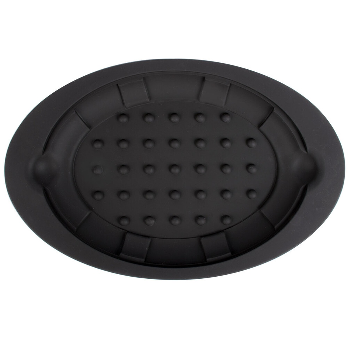 Lodge USO11 oval black silicone underliner with textured dot surface and ribbed border, top-down view