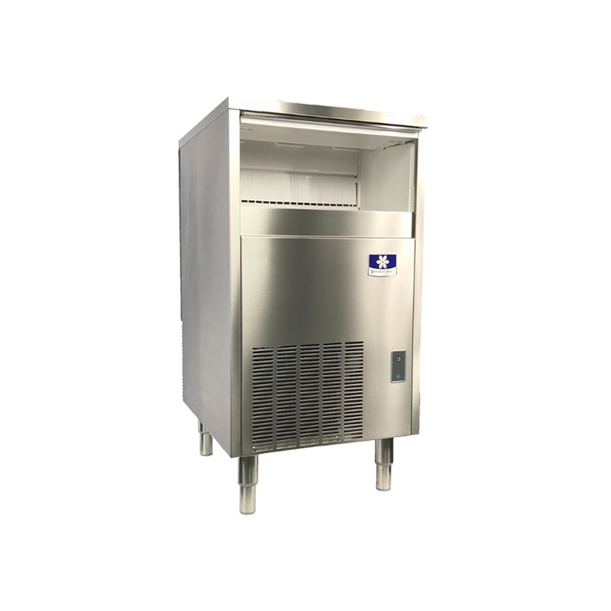 Manitowoc USP0100A CrystalCraft undercounter ice machine with door open revealing ice bin interior