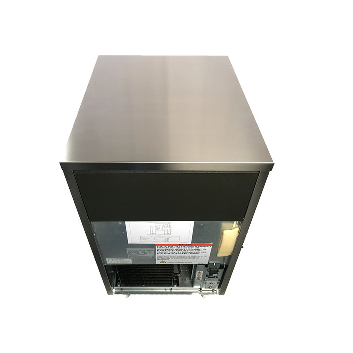 Rear view of Manitowoc USP0100A CrystalCraft undercounter ice machine showing compressor and refrigeration components