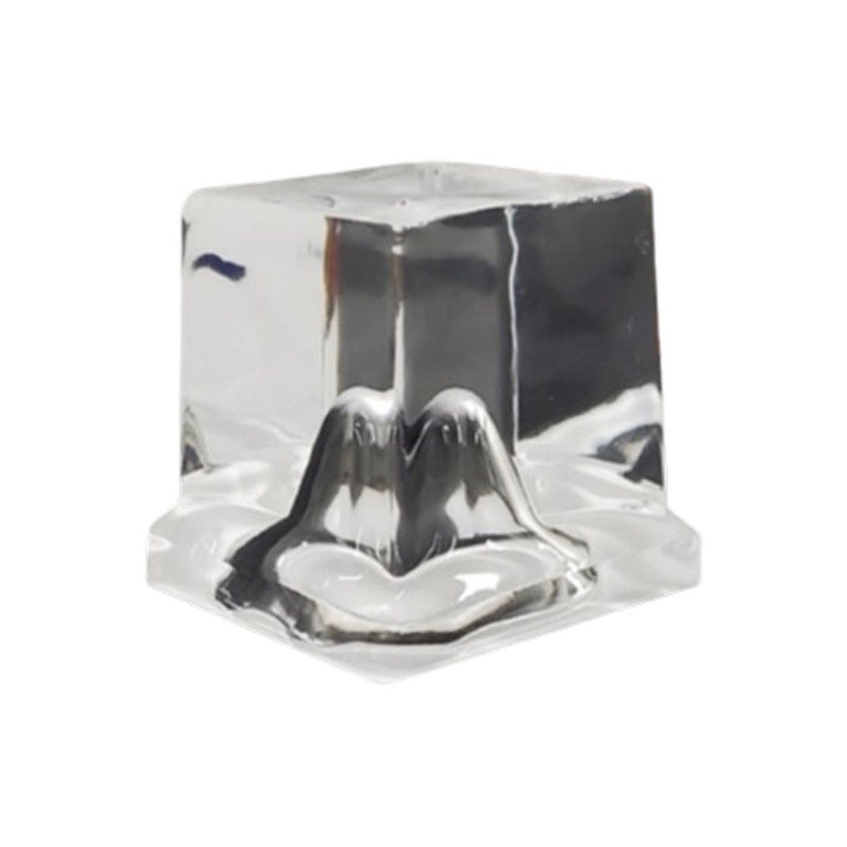 Close-up of a single crystal-clear 1x1 inch CrystalCraft square gourmet ice cube