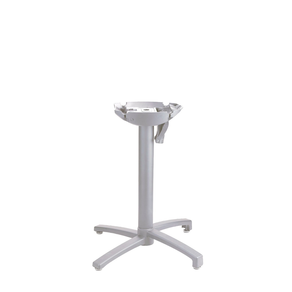 Grosfillex X-One tilt-top table base in silver gray with four-leg X frame and folding mechanism visible