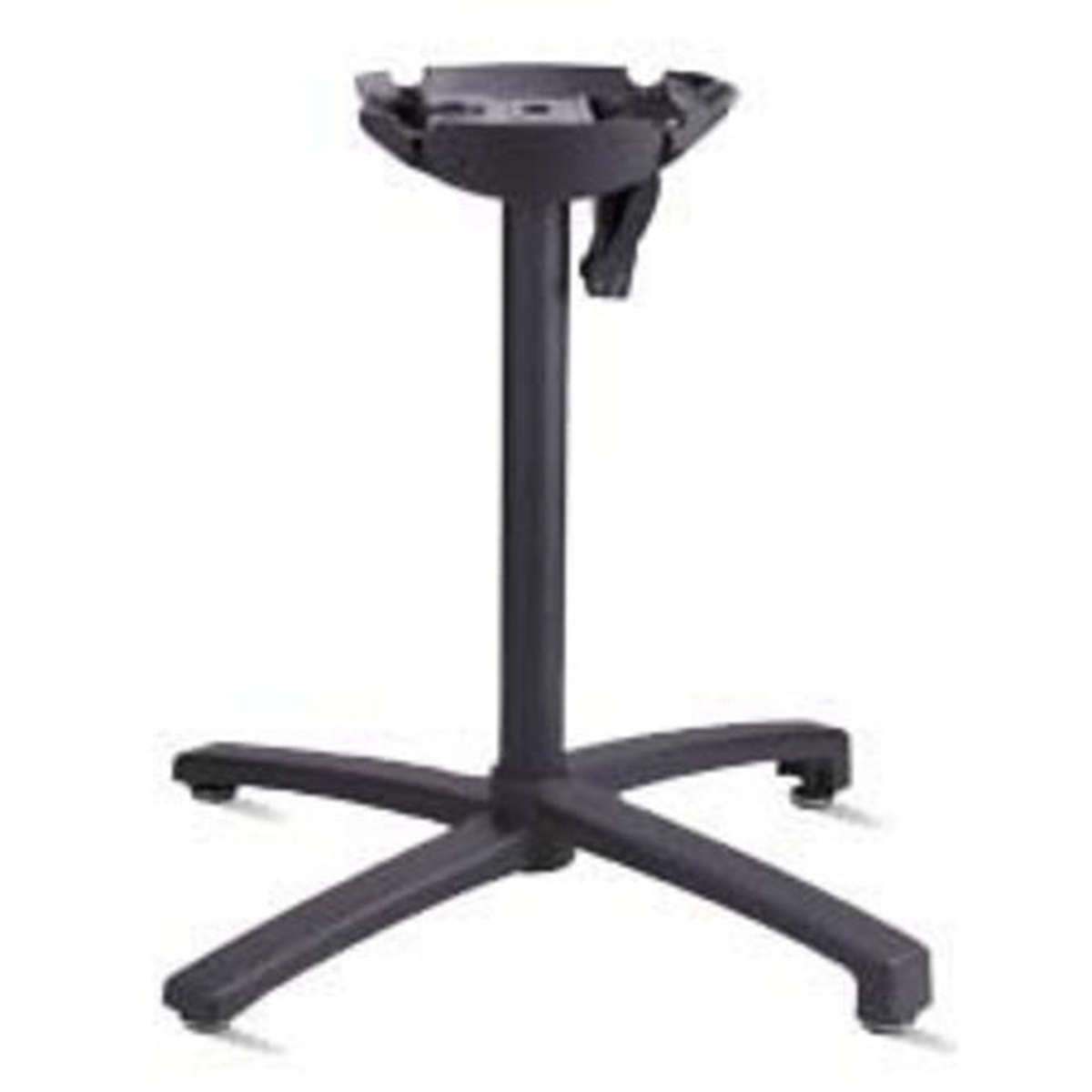 Grosfillex X-One tilt-top table base in black powder-coated aluminum with four-leg spread and tilt mechanism at top