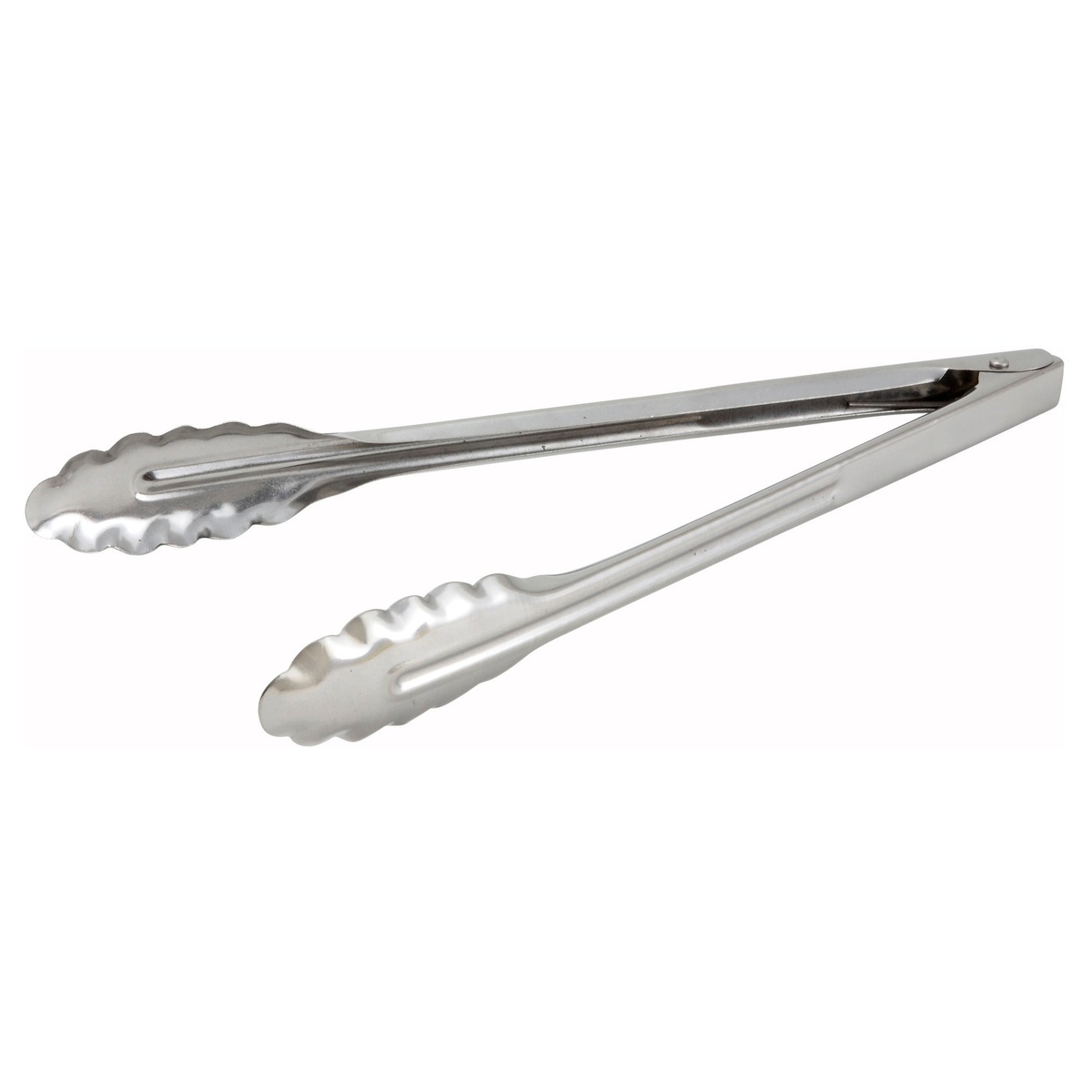 Winco UT-12LT 12-inch stainless steel utility tongs with scalloped edges and coiled spring