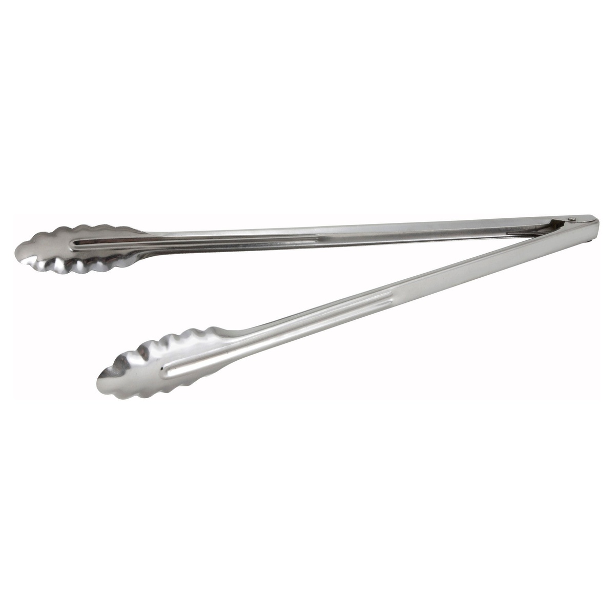 Winco UT-16LT 16-inch stainless steel utility tongs with scalloped edges and coiled spring hinge on white background