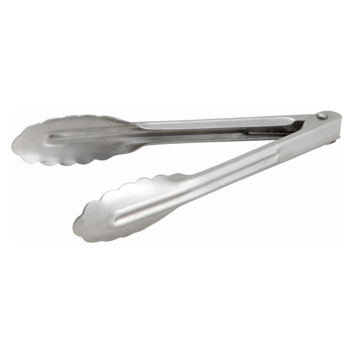 Winco UT-7 7-inch stainless steel heavyweight utility tongs with scalloped edges on white background