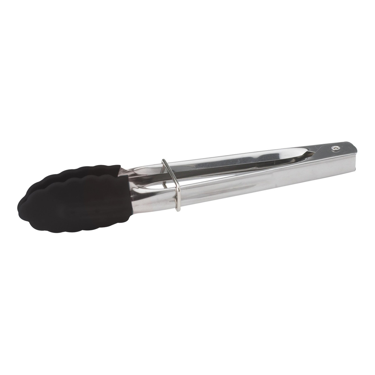 Winco UT-7K 7-inch utility tongs closed side view highlighting locking ring and stainless steel body
