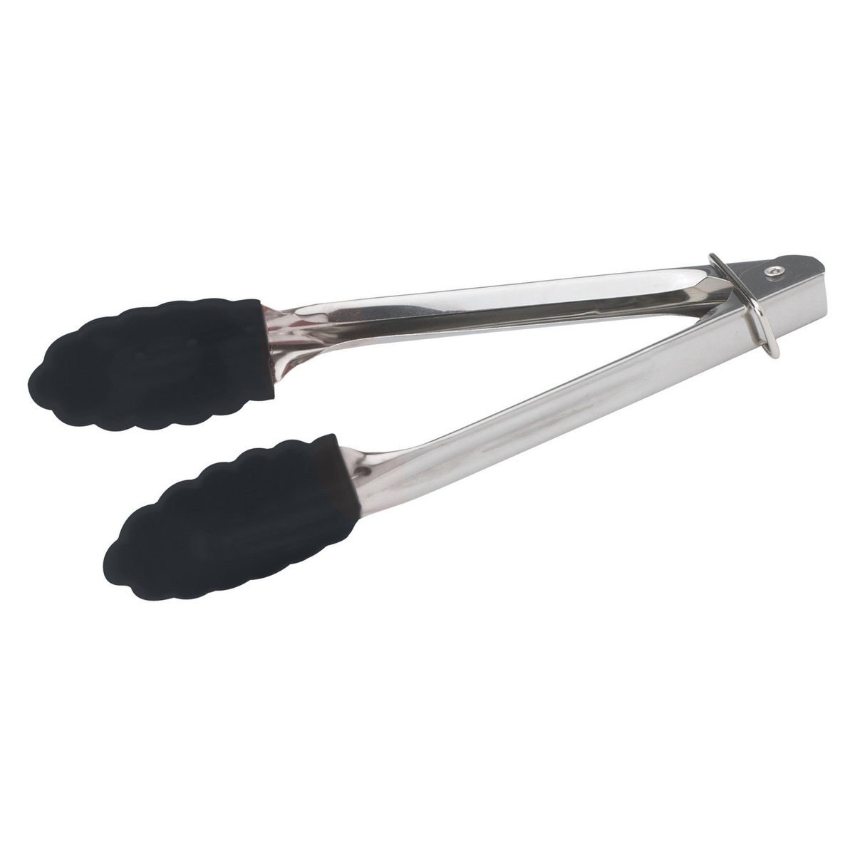 Winco UT-7K 7-inch utility tongs open, showing stainless steel arms and black scalloped silicone tips with locking ring