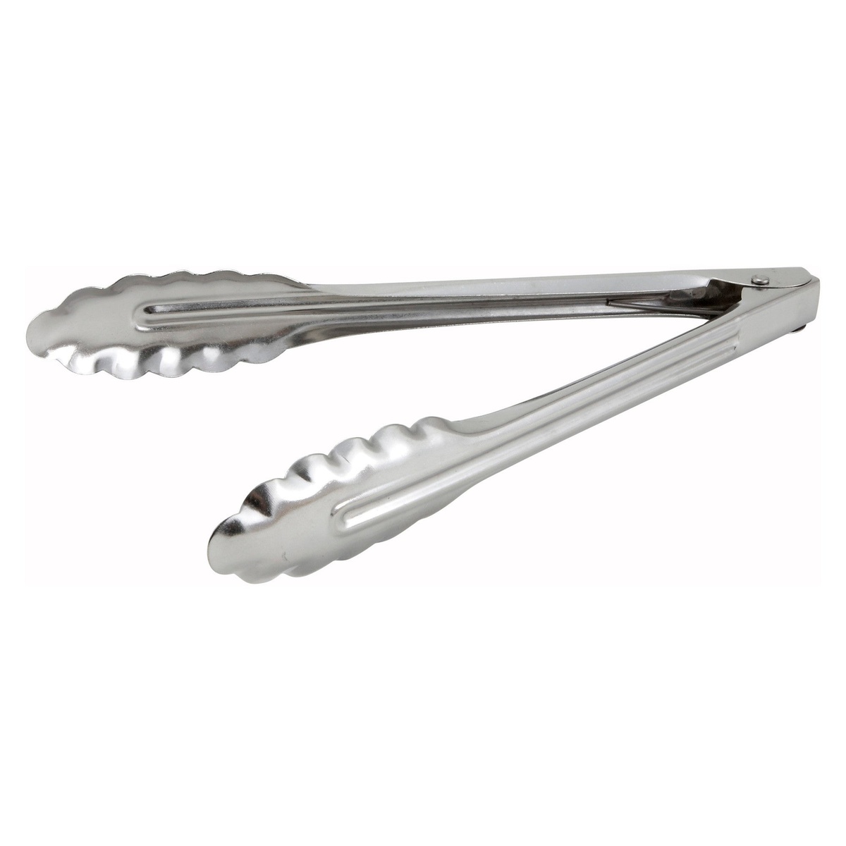 Winco UT-9LT 9-inch stainless steel utility tongs with scalloped edges and coiled spring hinge