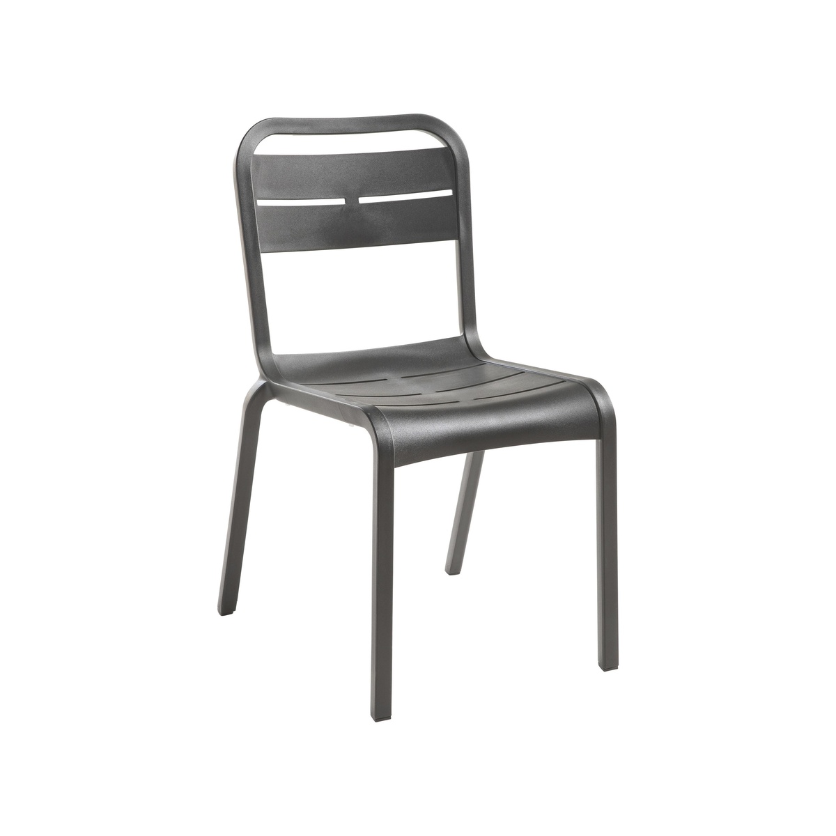 Grosfillex Cannes charcoal stacking side chair, front three-quarter view showing slotted resin back and seat
