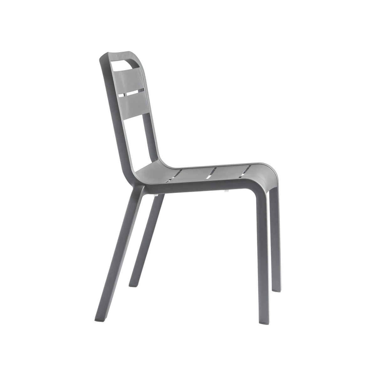 Grosfillex Cannes charcoal stacking side chair, side profile view showing frame and leg construction