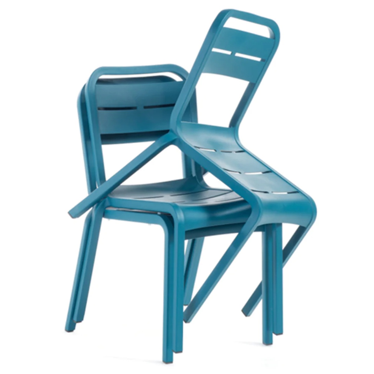 Two Grosfillex Cannes Stacking Side Chairs stacked together in teal blue, showing stacking capability on white background
