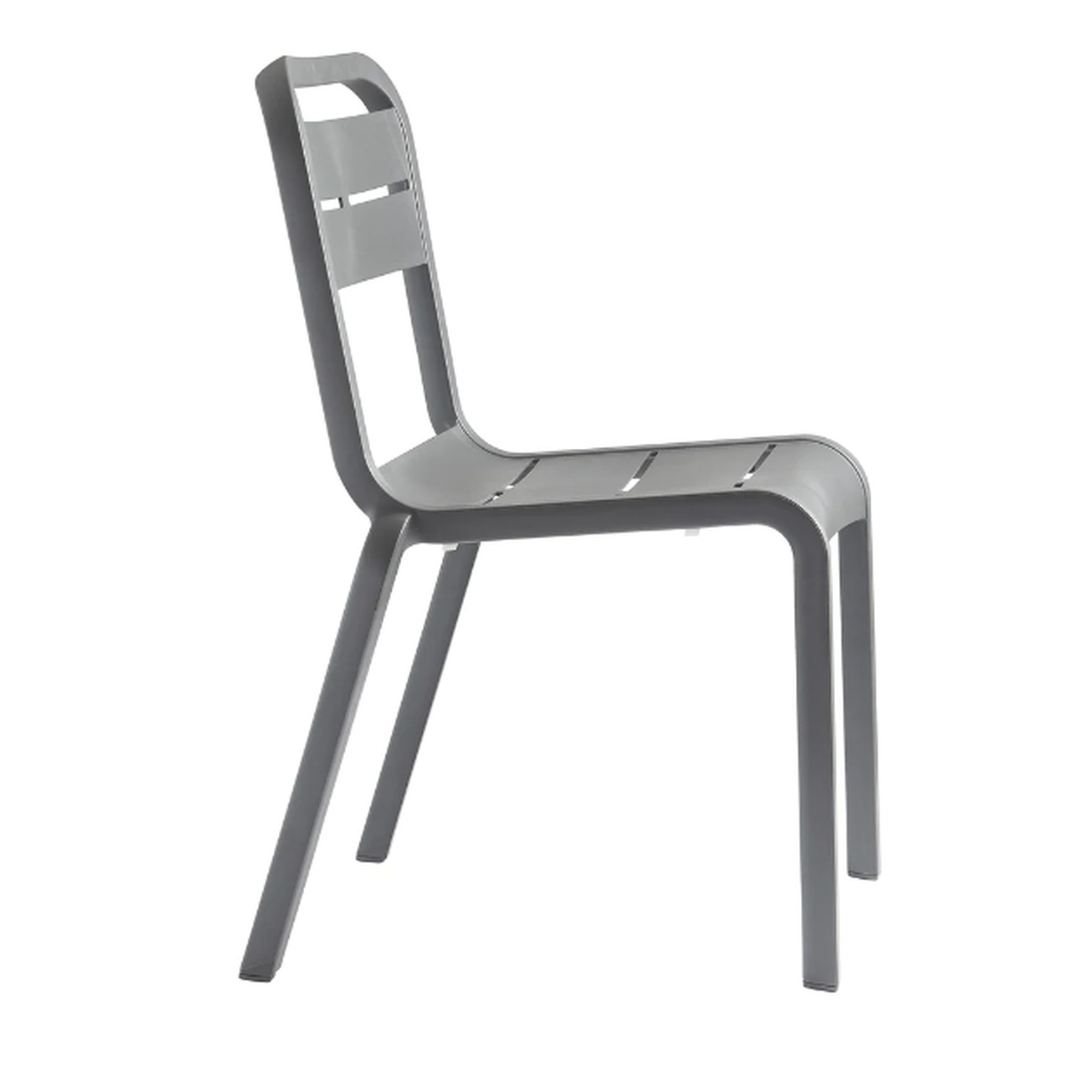 Grosfillex Cannes Stacking Side Chair in dark charcoal, side profile view on white background