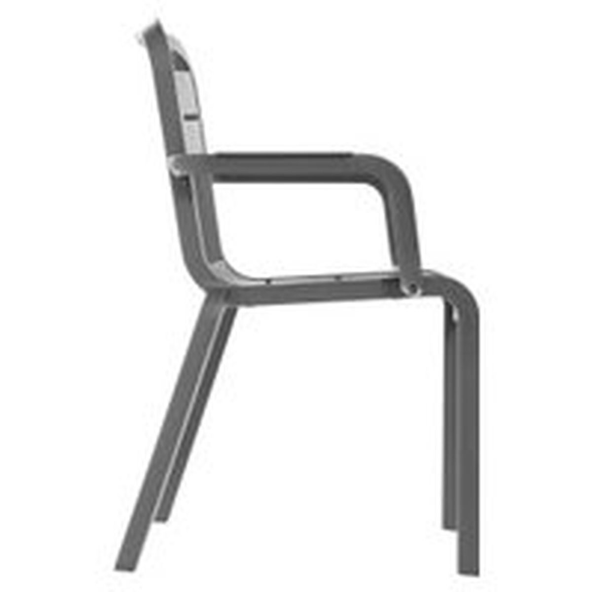 Side profile view of Grosfillex Cannes charcoal stacking armchair showing leg and arm structure