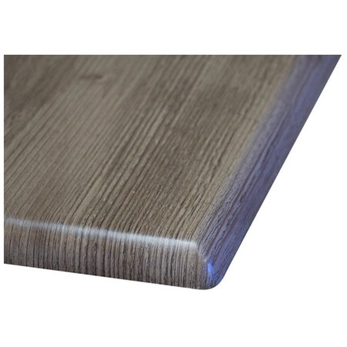 Close-up of Grosfillex UT230742 aged oak melamine tabletop surface showing wood grain texture and rounded edge