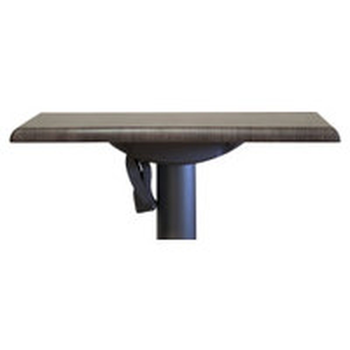 Side profile view of Grosfillex UT230742 32x32 square table top mounted on a pedestal base
