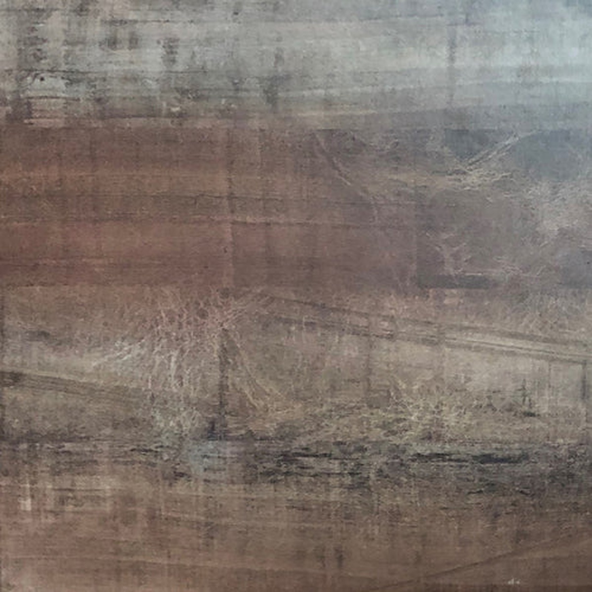 Close-up of Grosfillex UT240816 Arizona finish showing textured brown-gray wood-effect molded melamine surface