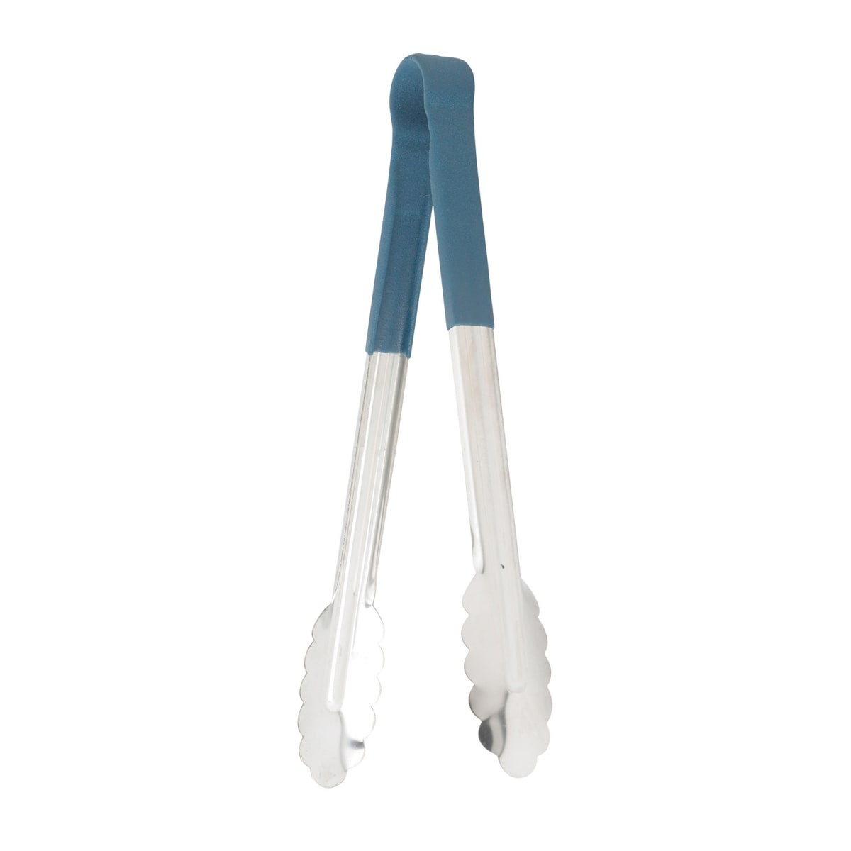 Winco UTPH-12B 12-inch utility tongs with blue polypropylene-coated handle and stainless steel scalloped tips