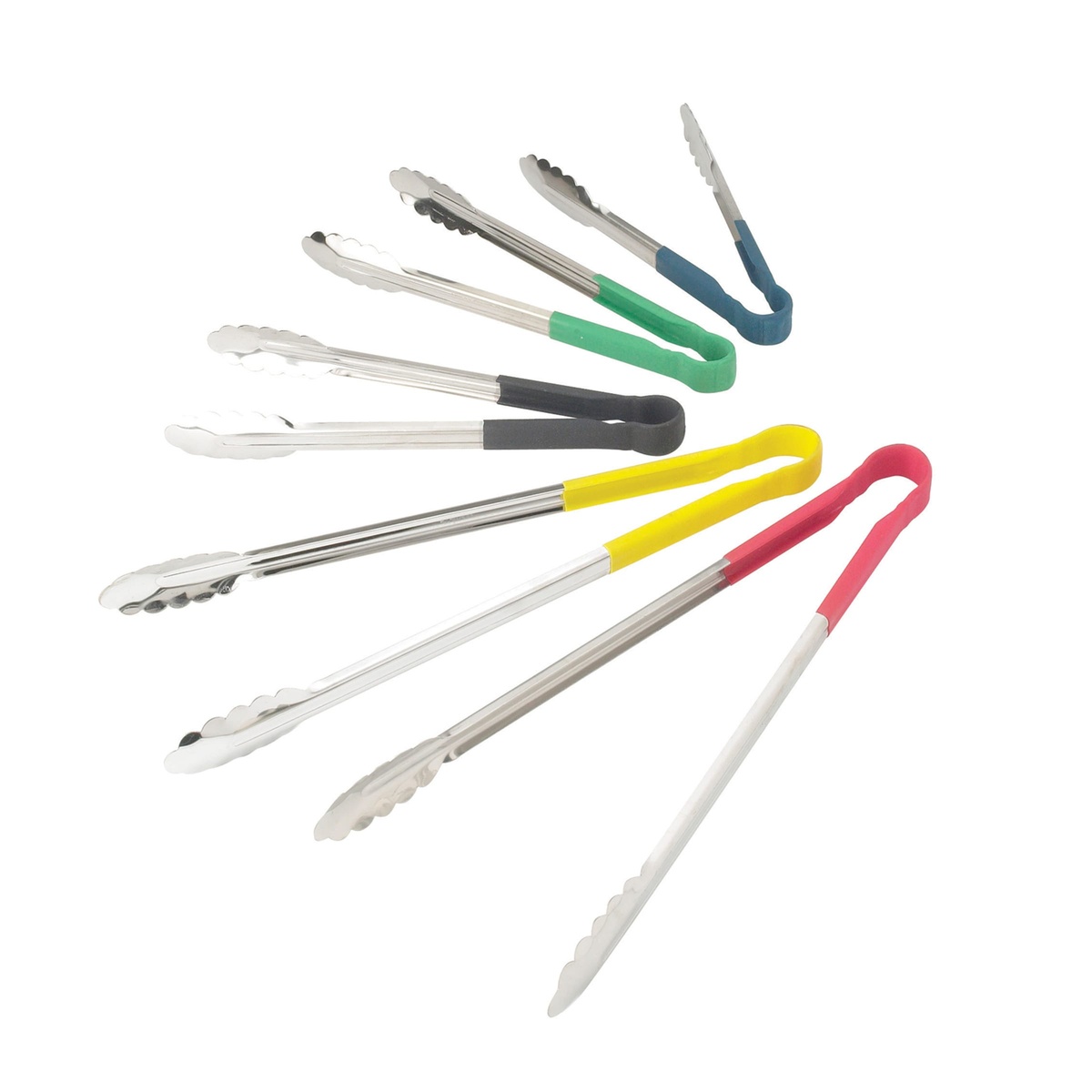 Multiple Winco utility tongs displayed in blue, green, black, yellow, and red color-coded handle variants