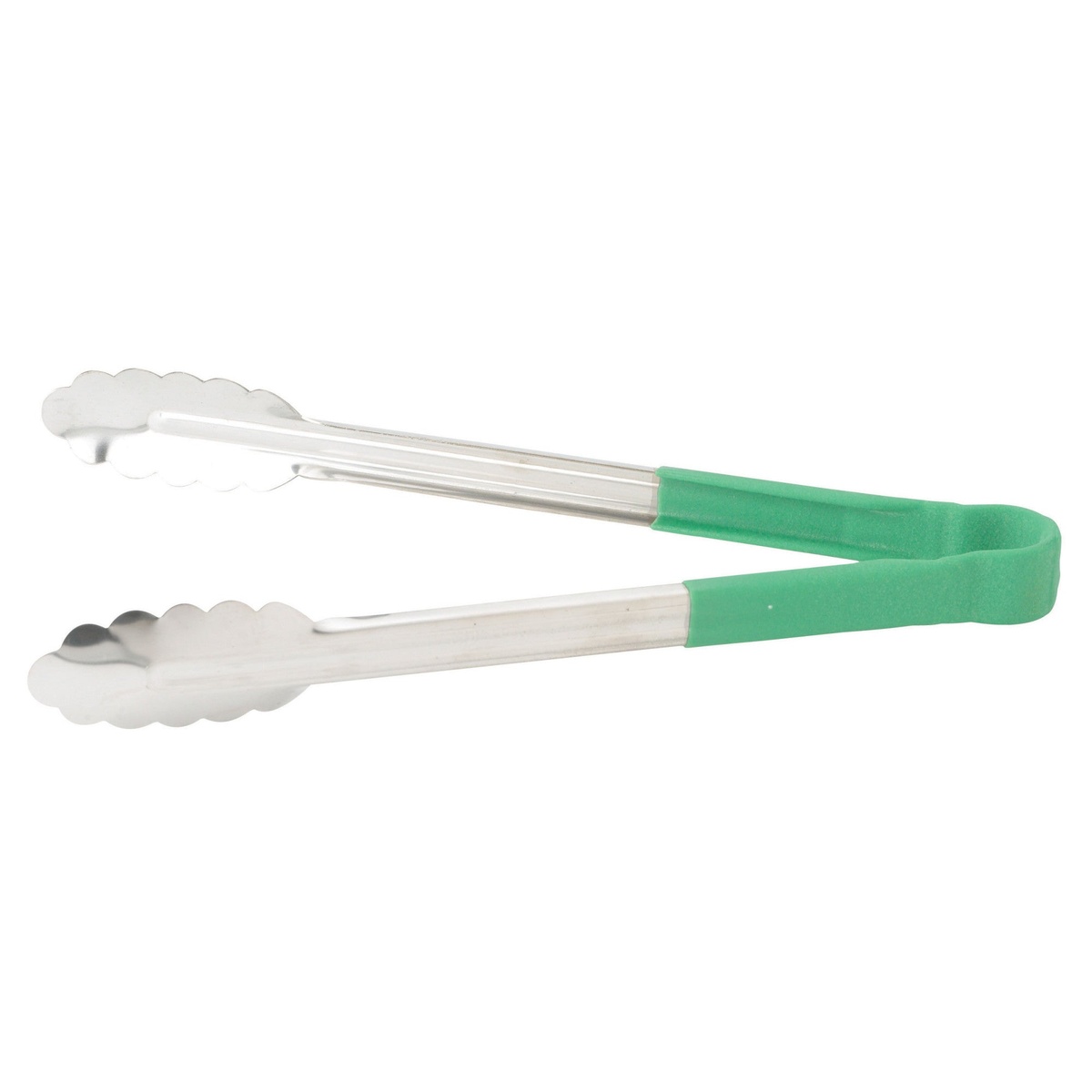 Winco UTPH-12G 12-inch stainless steel utility tongs with green polypropylene handle
