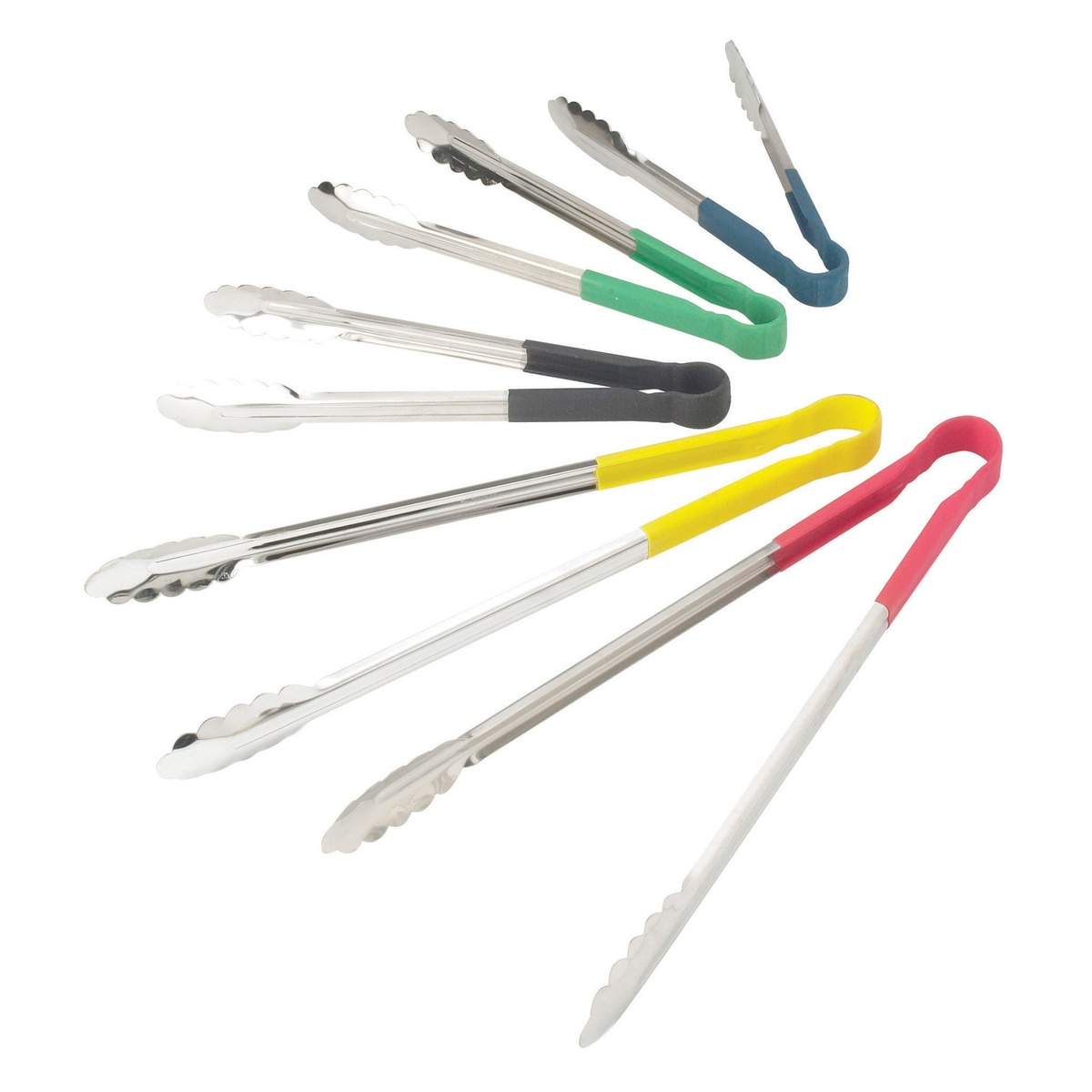 Winco utility tongs shown in multiple handle colors including black, green, blue, yellow, and red for color-coded kitchen use