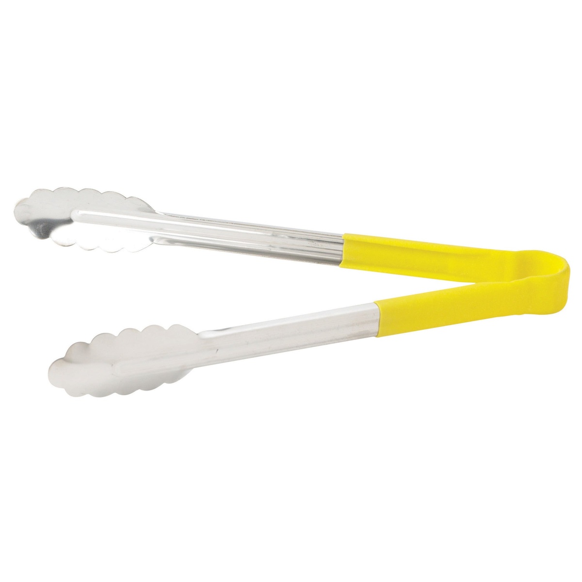 Winco UTPH-12Y 12-inch utility tongs with yellow polypropylene handle and stainless steel scalloped tips