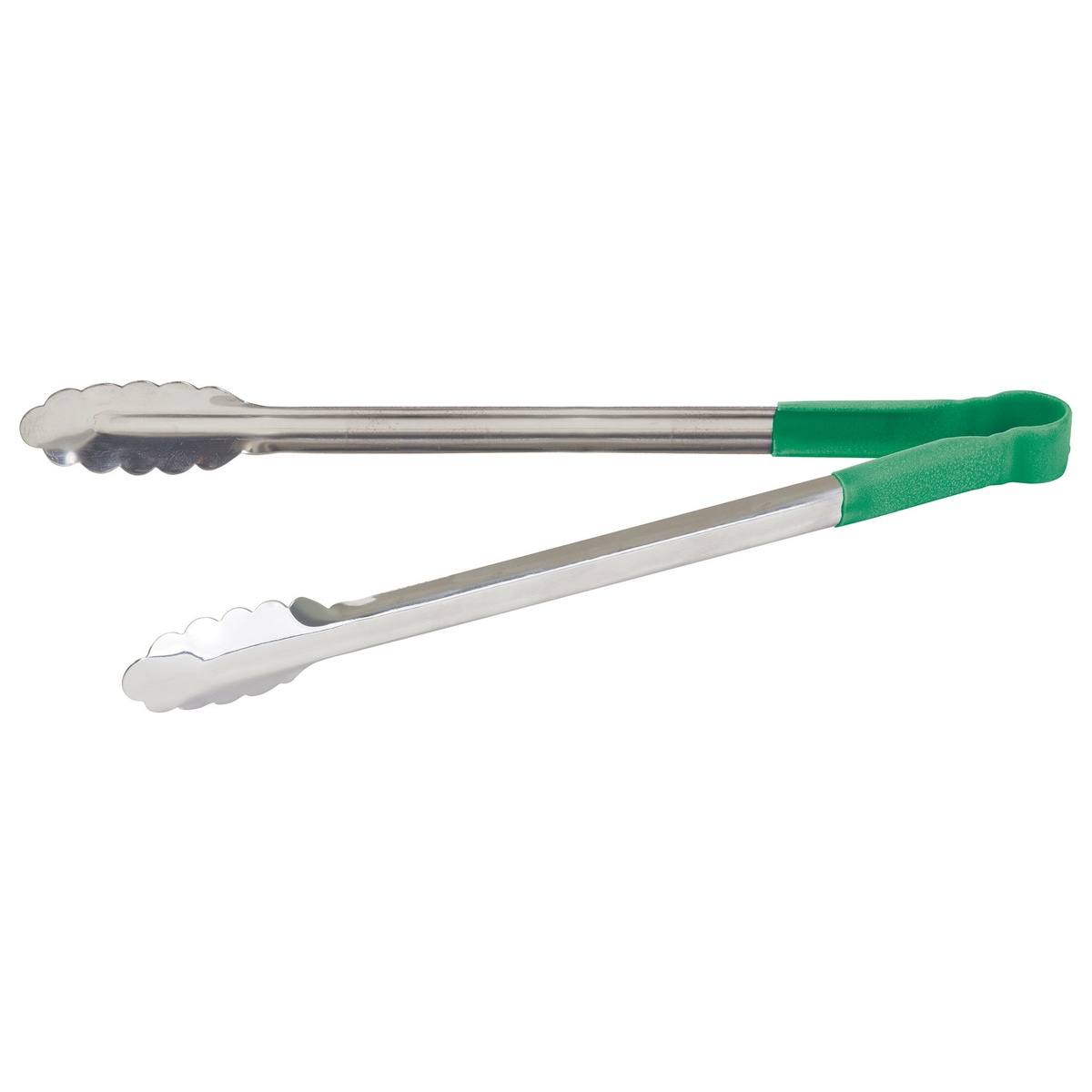 Winco UTPH-16G 16-inch stainless steel utility tongs with green polypropylene handle, scalloped tips visible