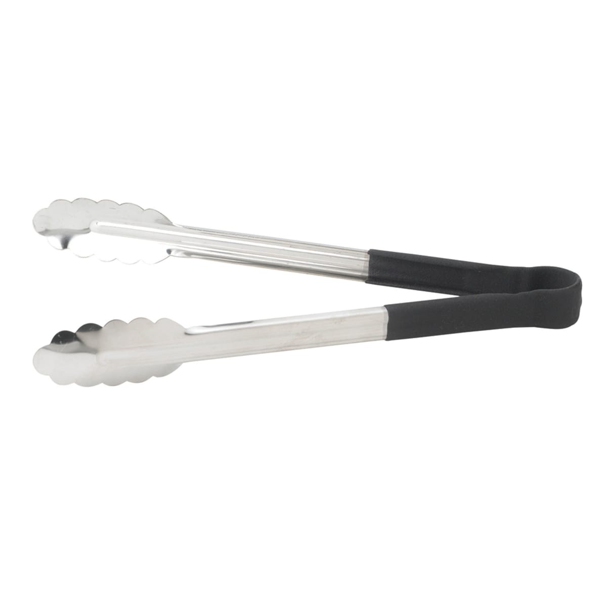 Winco UTPH-16K 16-inch stainless steel utility tongs with black polypropylene-coated handle and scalloped gripping edges