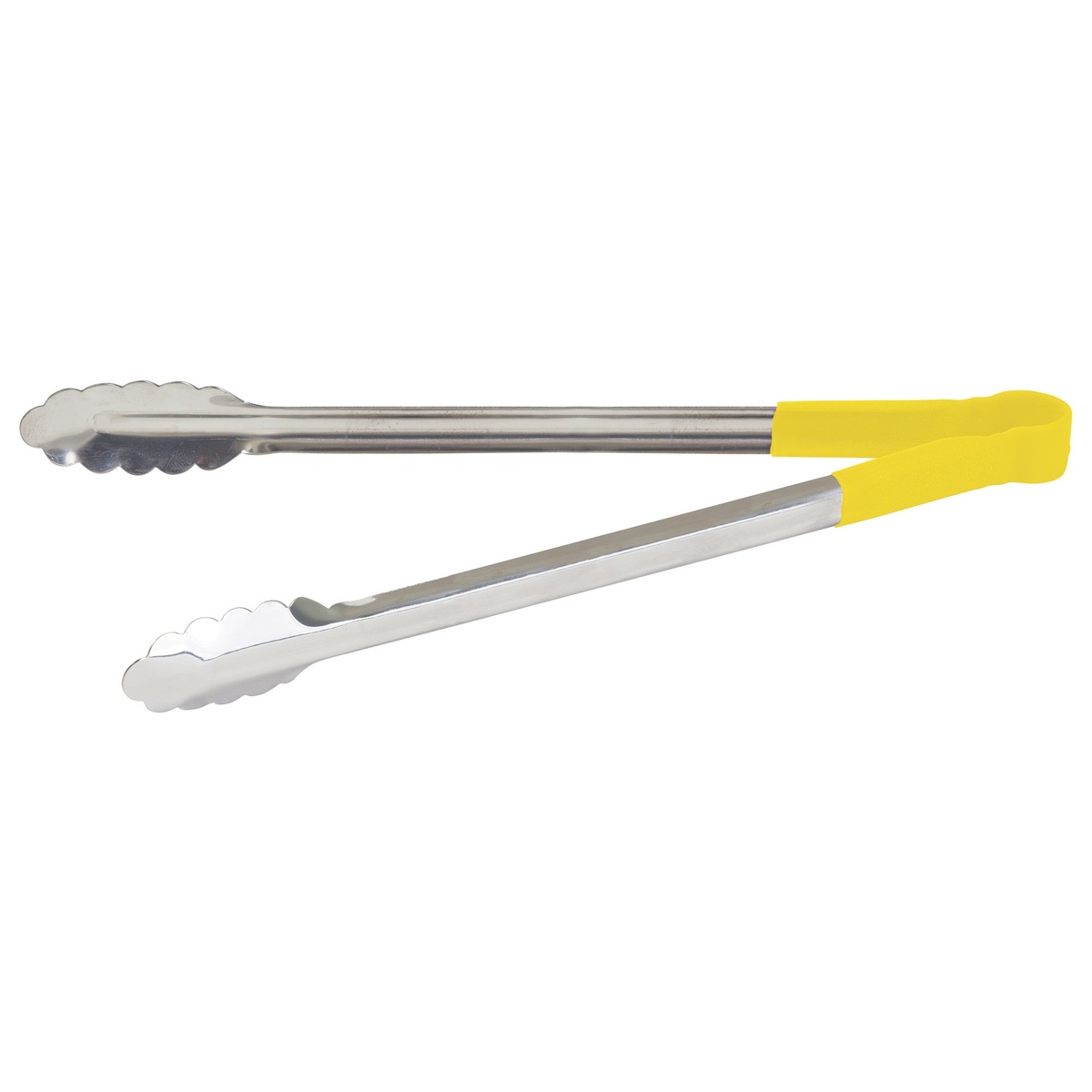 Winco UTPH-16Y 16-inch utility tongs with yellow polypropylene handle and stainless steel scalloped tips