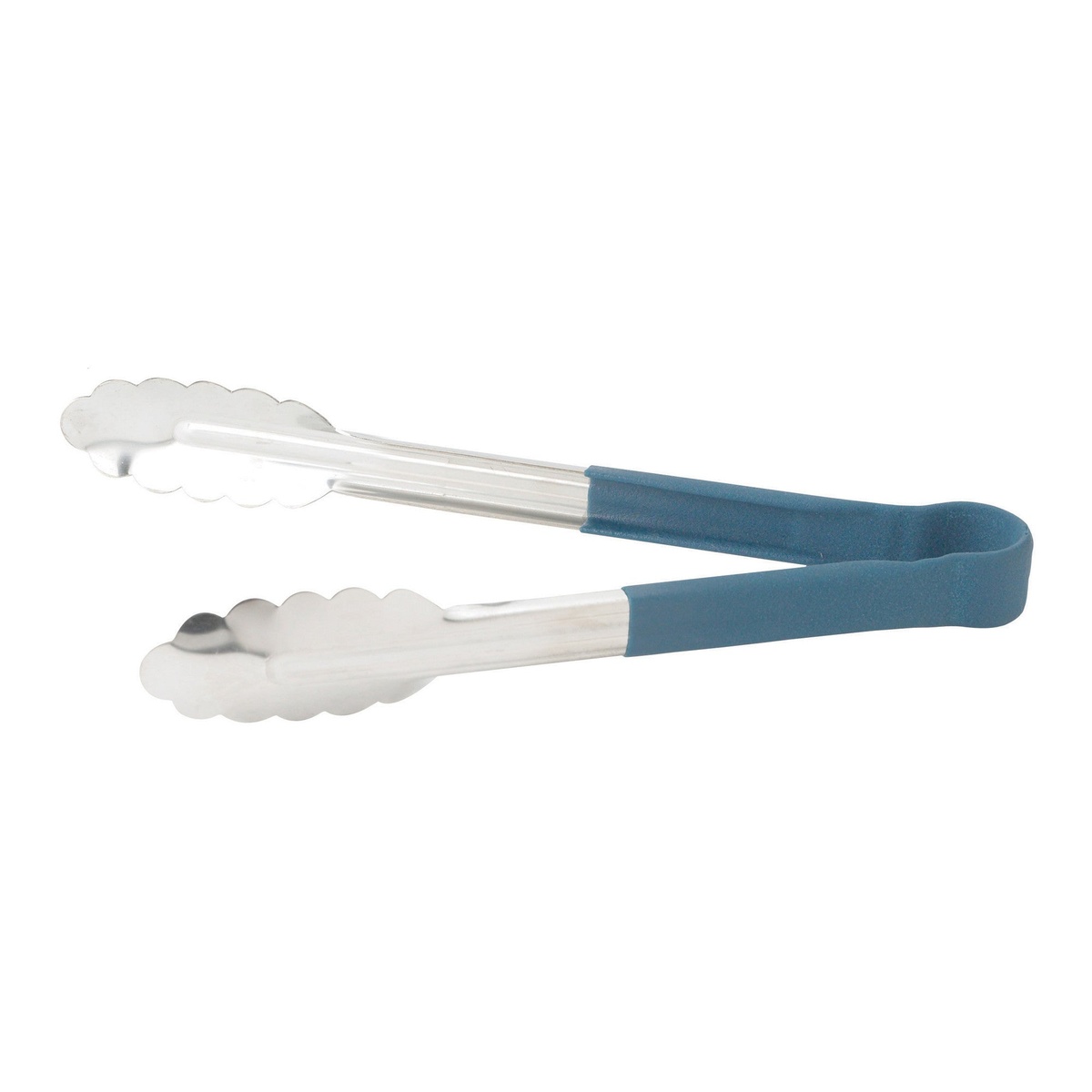 Winco UTPH-9B 9-inch stainless steel utility tongs with blue polypropylene handle and scalloped gripping ends