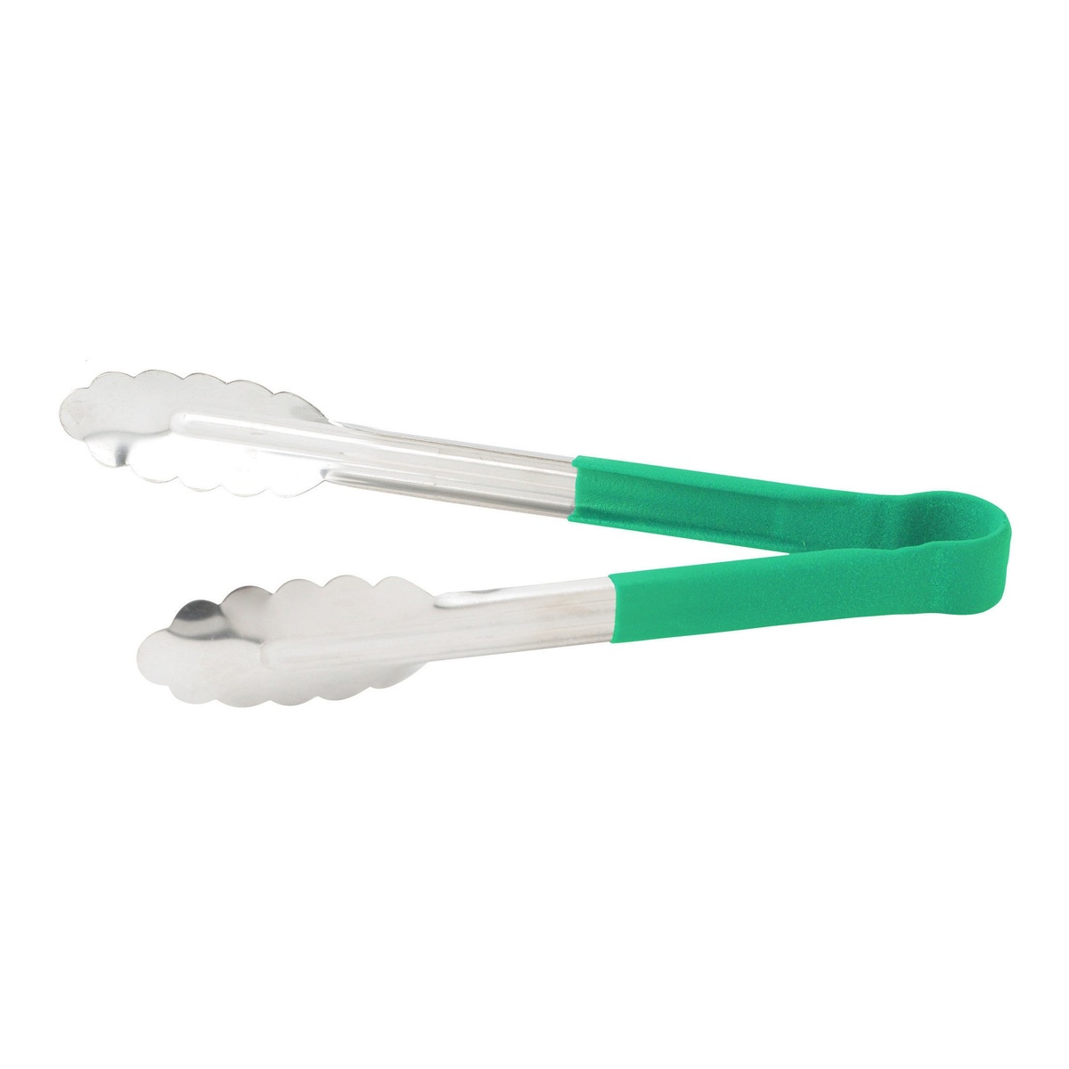 Winco UTPH-9G 9-inch stainless steel utility tongs with green polypropylene handle on white background
