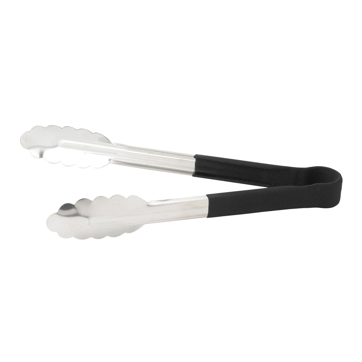 Winco UTPH-9K 9-inch utility tongs with black polypropylene handle and scalloped stainless steel tips
