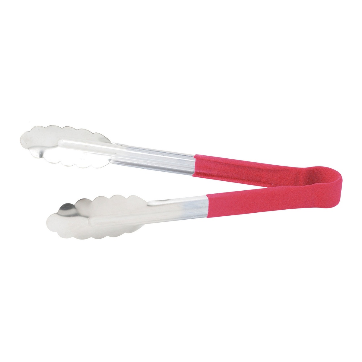 Winco UTPH-9R 9-inch stainless steel utility tongs with red polypropylene handle